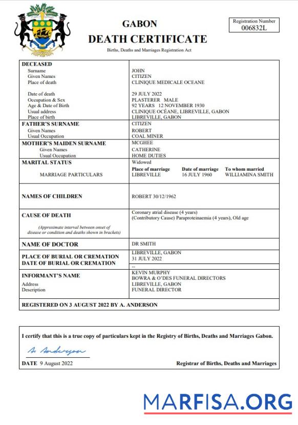 Printable Gabon death certificate Word and PDF template